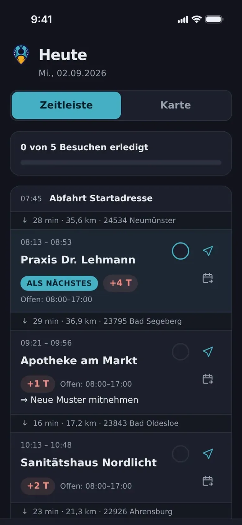 Derselbe Tagesplan im Dunkelmodus der App.