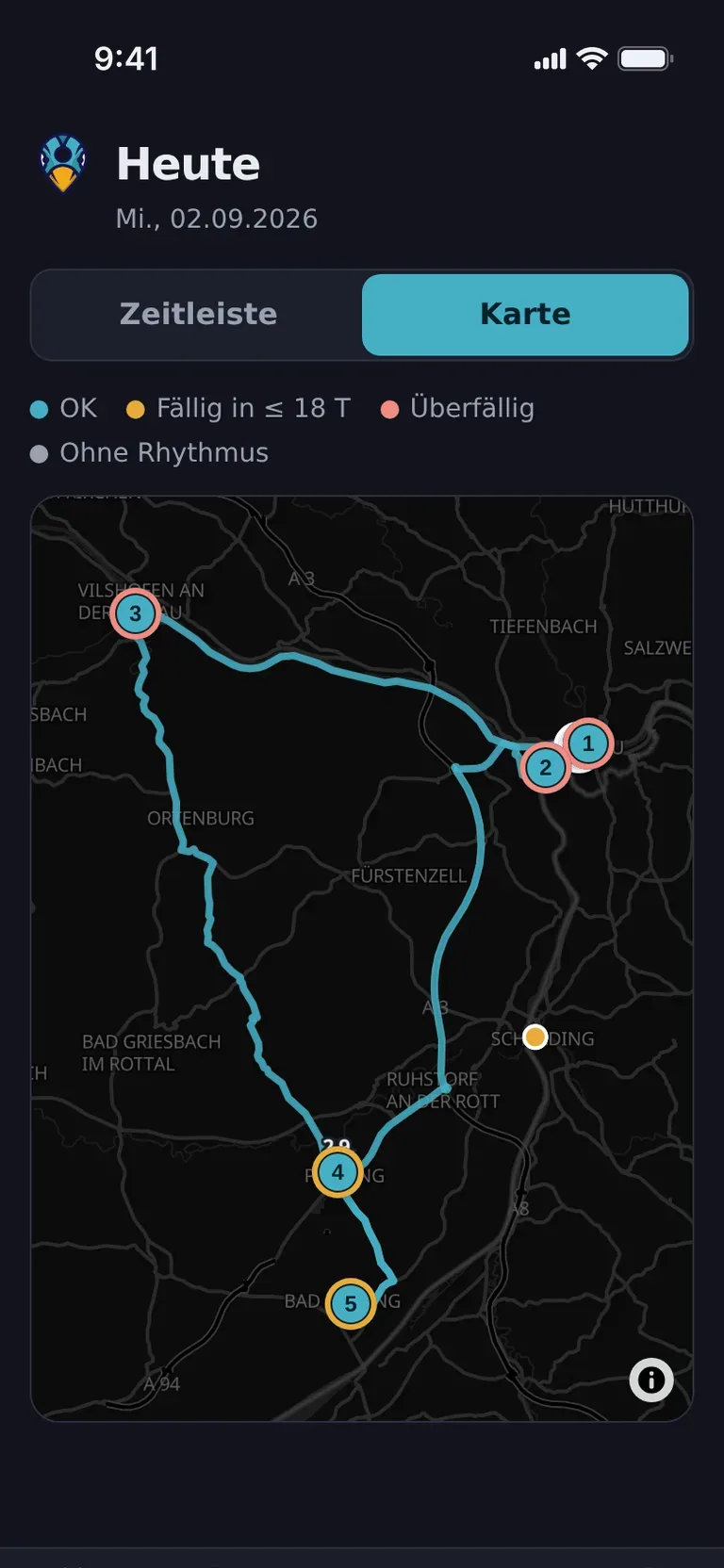 Dieselbe Karte im Dunkelmodus der App.